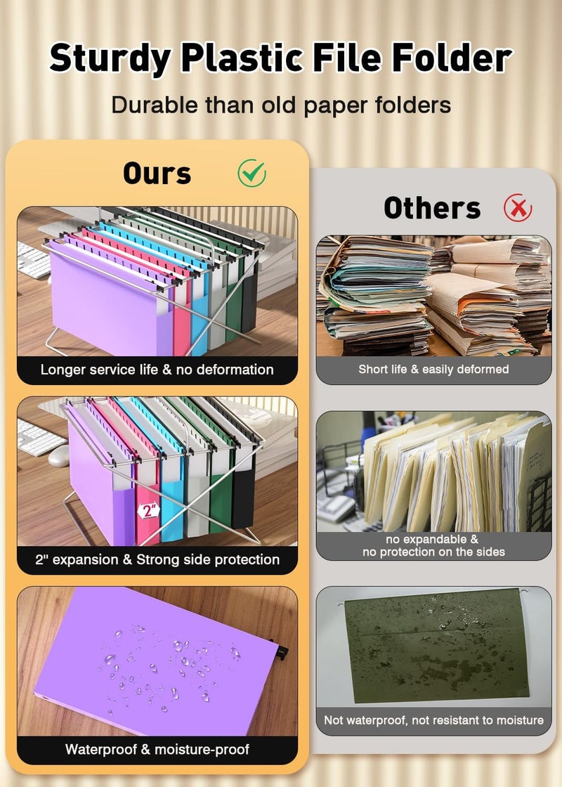 SHUTEX Extra Capacity Legal Size Hanging File Folders,12 Pack Reinforced Plastic Hanging Folder, Heavy Duty 2 Inch Expansion, Filing Cabinet Folders for Bulky Files, Medical Charts, Colorful - Image 3